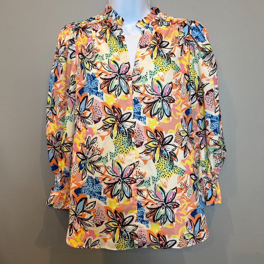 Jade Melody Tam Floral Abstract Blouse XS Colorful Ruffle Neck Long Sleeve Boho